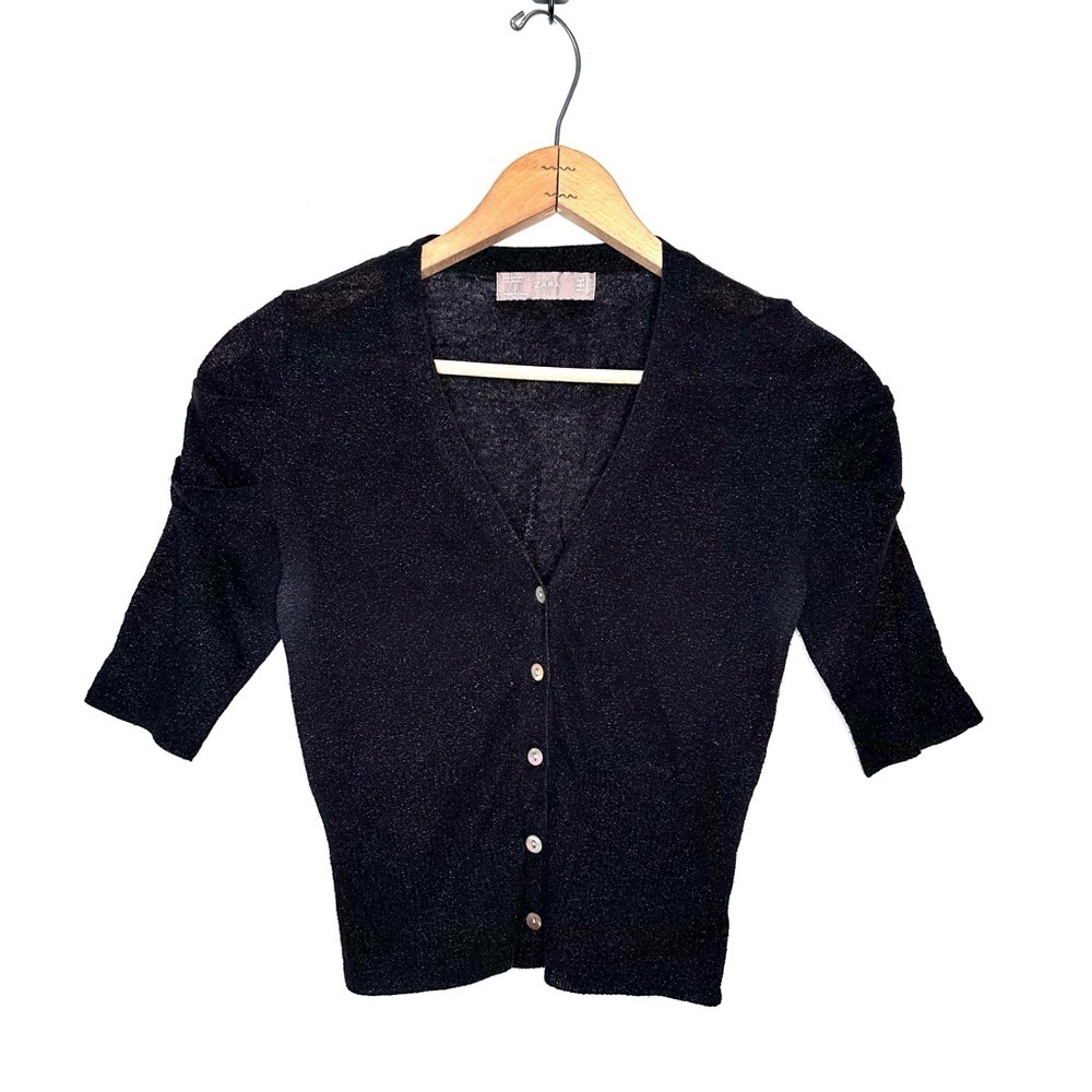 Zara | Black Sparkly Short Sleeve V-neck Cardigan Crop Sweater Size Small